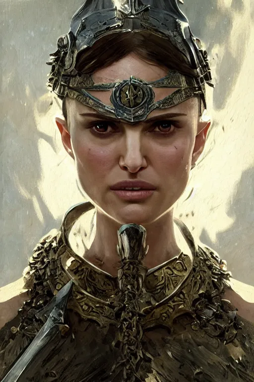 Image similar to natalie portman, legendary warrior, heroic, lord of the rings, tattoos, decorative ornaments, battle armor, by carl spitzweg, ismail inceoglu, vdragan bibin, hans thoma, greg rutkowski, alexandros pyromallis, perfect face, fine details, realistic shading photorealism