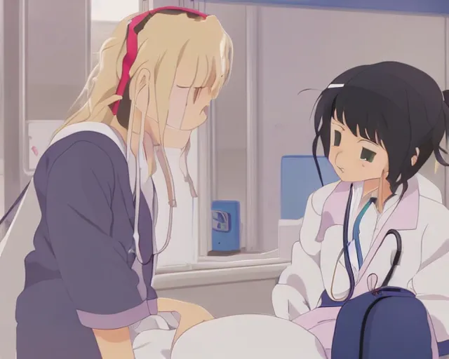 Image similar to a cute young female doctor wearing white coat are talking to a little girl in a hospital, slice of life anime, vivid, anime scenery by Makoto shinkai
