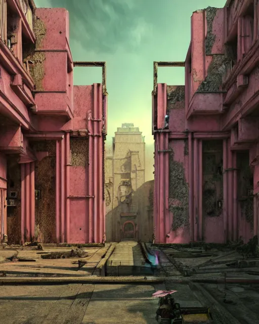 Prompt: hyperrealistic 3d render high quality baroque mecha iridescent pink brutalist city ruins background concept art vray! santiago caruso de chirico sharp very dramatic green light 8k low angle shallow depth of field