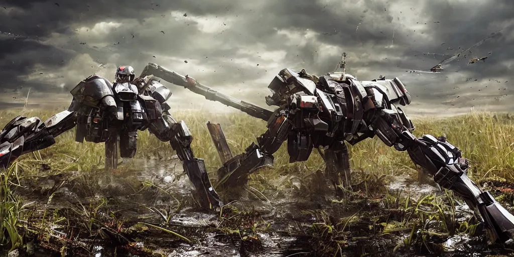 Image similar to a powefull spider shapped battle mecha with a rail gun turet, rockets lauchers, plasma gun, in a battlefield, mud, water, swamp, reeds, natural light, war phtography, by annie leibowitz