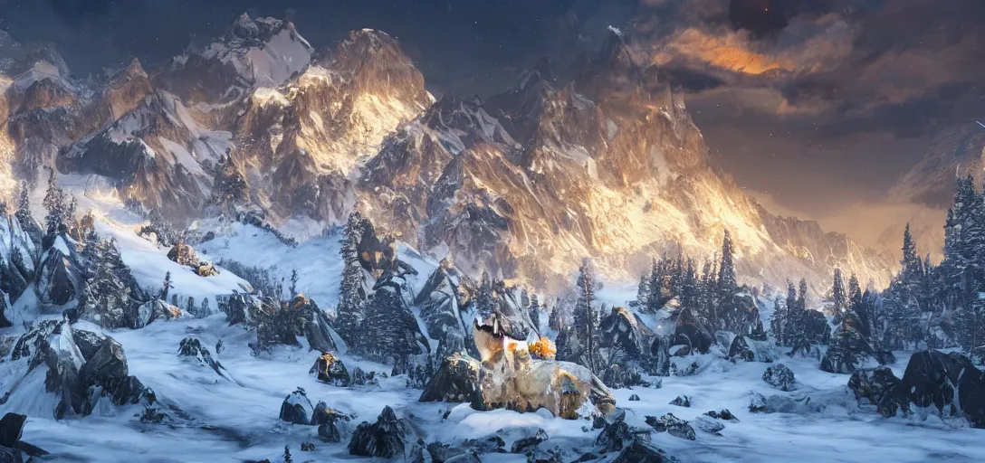 Image similar to Snow-capped mountains with golden temples on the peaks. wolves and their treasures, cgsociety, fantasy illustration, magic and power of the wolf. ArtStation, unreal engine 5