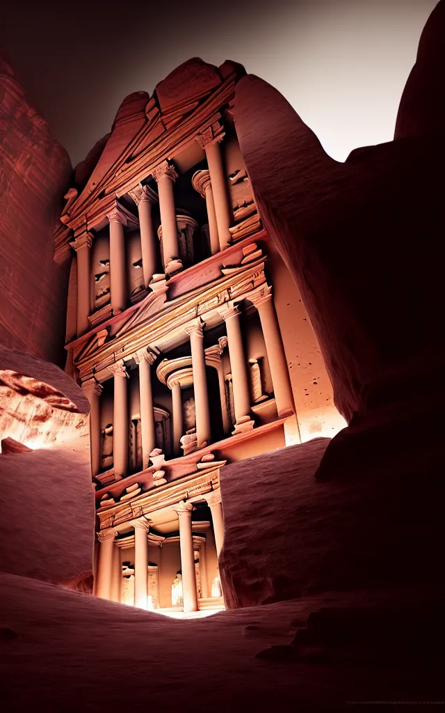 Image similar to A beautiful low angle matte painting looking up at the lost palace of petra with white flames illuminating the ruins of forgotten souls, atmospheric, low angle, mysterious, cinematic, intricate, ultra detailed, featured on artstation