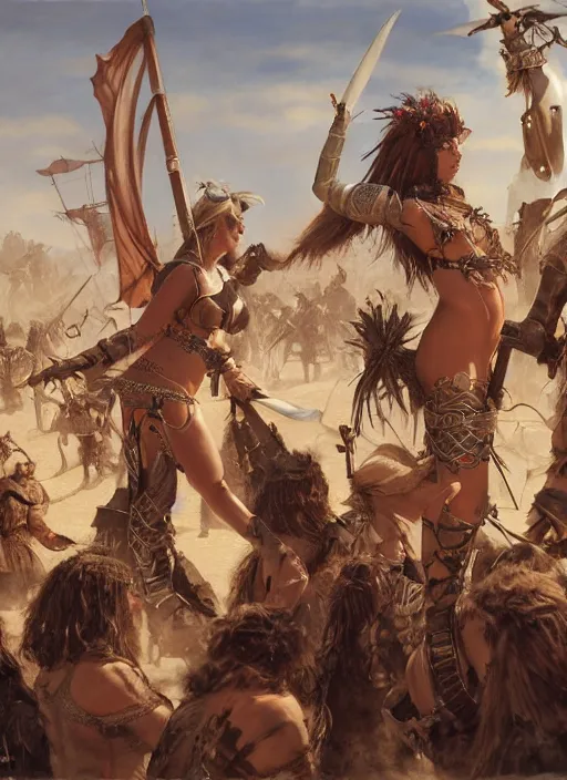 Image similar to hyper realistic painting of burningman pagan medieval festival warrior curvy partygirl cinematic, vallejo, julie bell, craig mullins greg rutkowski,