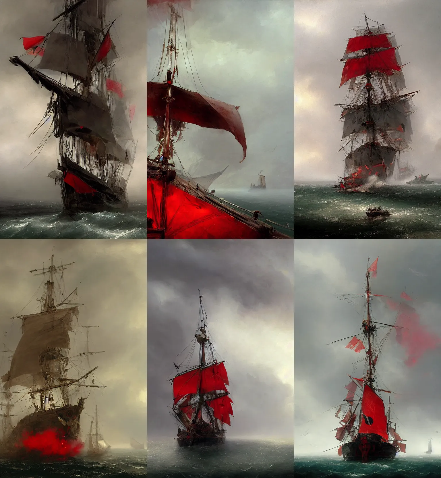 Prompt: a digital concept art of a 1 7 th century galeon with black hull and red sails emerging from the mist and the rain, frontal shot, low angle, high focal, by craig mullins and ivan aivazovsky