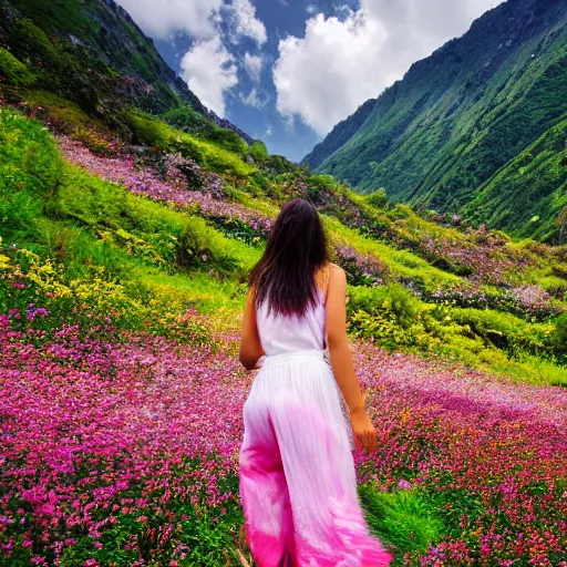 Prompt: girl! walking thru the valley of flowers! near the sea! of dreams by quentin mabille