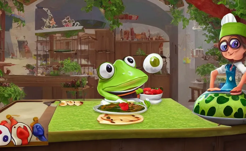 Image similar to ps 4 game about a cute frog chef in italy, unity screenshot,