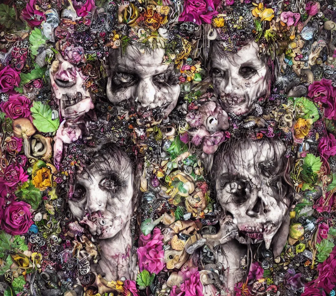 Prompt: hyper - realistic portrait of a punk rock zombie turning into flowers fruit and mushrooms, covered in crystals and glitter, botanical background, vanitas, still life, atmospheric lighting, sculptural, highly intricate detail