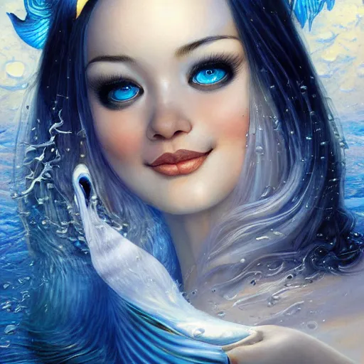 Image similar to a beautiful penguin manipulating water by karol bak, ayami kojima, artgerm, river, water, blue eyes, smile, concept art, fantasy