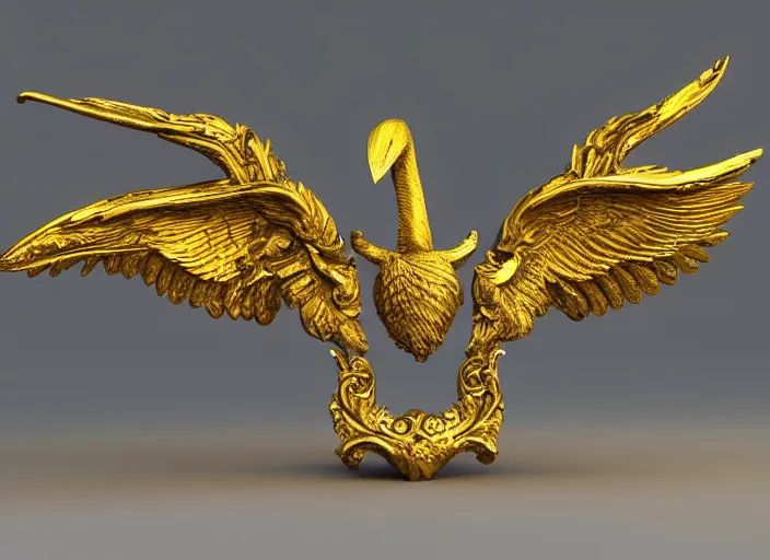 Prompt: a 3 d model of a golden fighter jet with swan wings with ornate rococo patterns