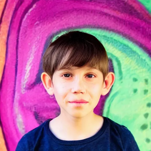 Image similar to cropped portrait of 8 year old boy, big thick lips, face is bright pink, thin eyebrows, short light brown hair, facebook update