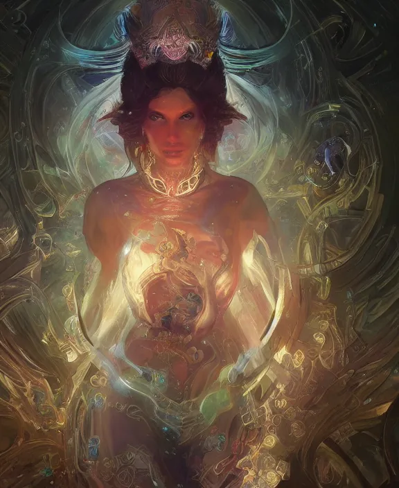 Image similar to a whirlwind of souls rushing inside the metaverse, half body, glowin eyes, tiara with sapphire, pharaoh, android, cyberpunk, d & d, fantasy, intricate, elegant, highly detailed, colorful, vivid color, digital painting, artstation, concept art, art by artgerm and greg rutkowski and alphonse mucha and ruan jia