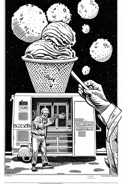 Image similar to ice cream man, pen - and - ink illustration, etching, by russ nicholson, david a trampier, larry elmore, 1 9 8 1, hq scan, intricate details, stylized border