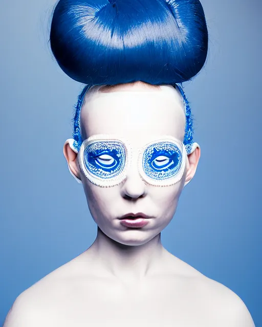 Prompt: symmetrical portrait of a woman wearing white silicone embroidered beauty mask and blue hair buns, wearing a black bodysuit by alexander mcqueen, cream white background, soft light, biotechnology, humanoide robot, bjork aesthetic, translucent, by rineke dijkstra, intricate details, highly detailed, masterpiece,