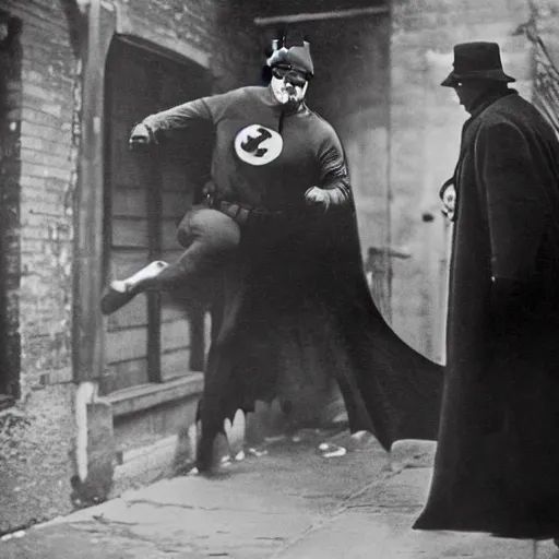 Image similar to old black and white photo, 1 9 2 5, depicting batman fighting a al capone in an alley of new york city, rule of thirds, historical record