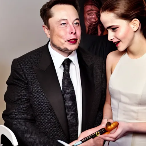 Prompt: elon musk doing makeup to emma watson award winning photography