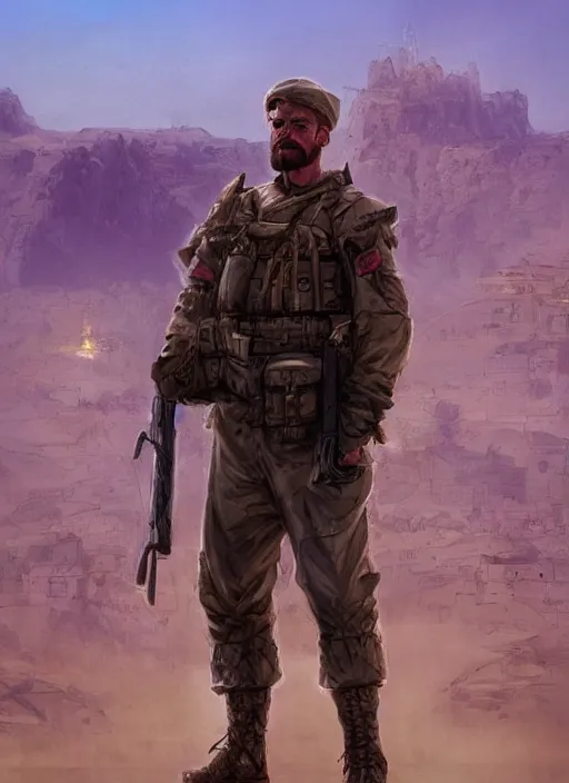 Image similar to purple lighting, detailed character concept illustration, white male strong muscular mature soldier with beard and short hair in a soldier uniform, desert with city in the background, sharp focus, illustration, highly detailed, digital painting, concept art, matte, art by wlop and artgerm and greg rutkowski, masterpiece