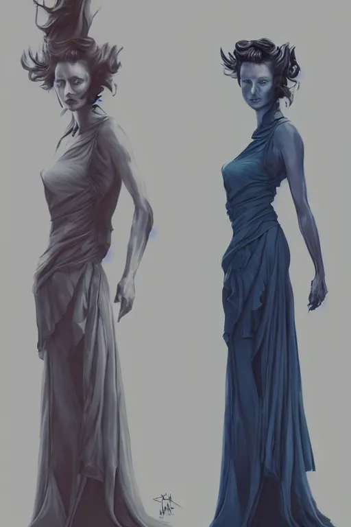 Image similar to in the style of peter mohrbacher, artgerm, beautiful caitriona balfe, outlander, full body, blue dress, elegant pose, middle shot, spooky, detailed realisitc eyes, detailed realistic eyes, detailed and intricate