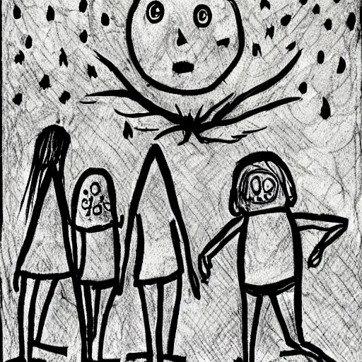 Image similar to abstract children’s drawing of the end of the world., horror,