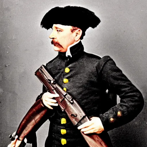 Image similar to 18th century Prussian soldier holding a MP40 submachinegun, award winning portrait photo