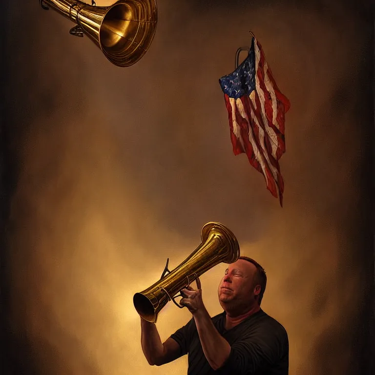 Image similar to epic professional digital art of alex jones holding a bullhorn, atmospheric lighting, painted, intricate, detailed, by leesha hannigan, wayne haag, reyna rochin, ignacio fernandez rios, mark ryden, iris van herpen.