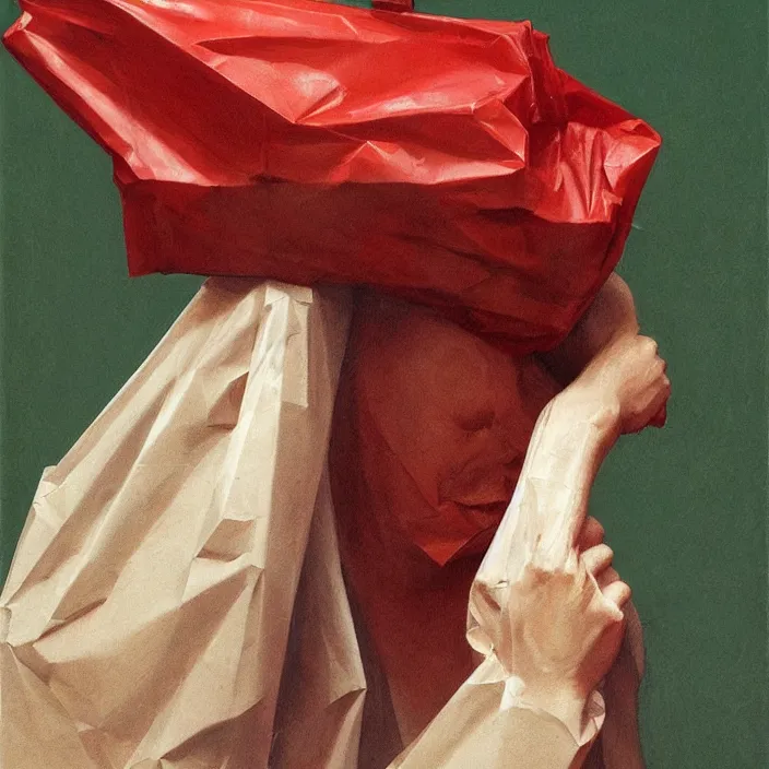 Prompt: melting portrait with a white paper bag over the head, dressed in red paper bags, holding stack of green paper bags, highly detailed, artstation, art by edward hopper, zdislav beksinski, wayne barlowe, edward hopper