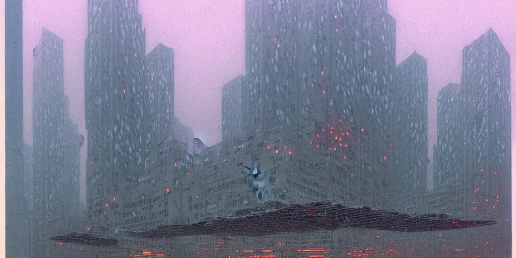 Image similar to grainy risograph matte painting of gigantic huge mech covered with wounds,, pastel matte colors, staying in the foggy huge parking station, by moebius, hyperrealism, intricate detailed