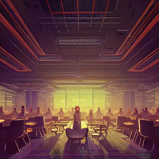 Image similar to futuristic cyberpunk restaurant, interior architecture view, beautiful detailed pixelart by albertov, intricate details, beautiful, dithered gradients, volumetric lighting, cgsociety, artstation, smooth, sharp focus, 2 d illustration, by greg rutkowski, amazing art by dan mumford