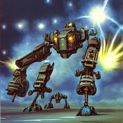 Image similar to combat mecha by gerald brom, chris foss