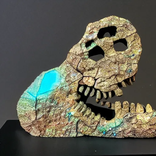 Image similar to a dinosaur skeleton on a iridescent crystal cracked geode