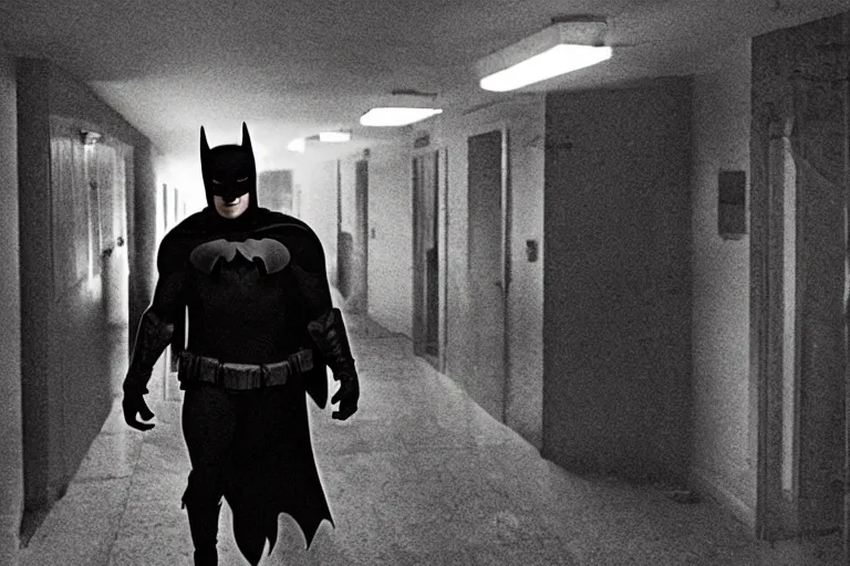 Image similar to batman wielding axe, chasing through hallway, creepy smile, atmospheric eerie lighting, dim lighting, bodycam footage, photograph