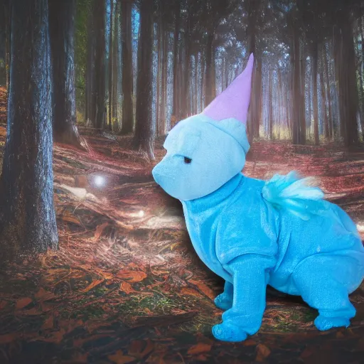 Image similar to blue'snappy gifts costume'in magical forest, gifts, dark atmosphere, high detail, soft lighting, 8 k