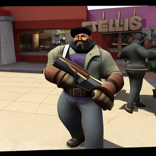 Prompt: heavy weapons guy from tf 2, in line at taco bell