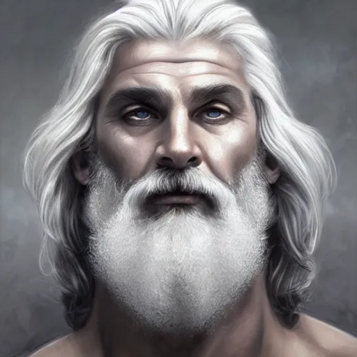 Image similar to half body portrait of rugged zeus, greek god, 4 0 years old, handsome, white hair, soft hair, upper body, muscular, hairy torso, fantasy, intricate, elegant, highly detailed, digital painting, artstation, concept art, smooth, sharp focus, illustration, art by artgerm and greg rutkowski and alphonse mucha