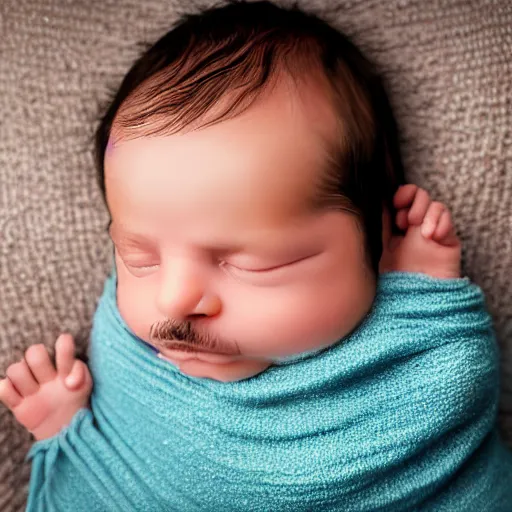 Image similar to baby with a very thick moustache laying on a blanket, photograph, dark moustache, tom selleck style moustache, sam elliot style moustache, grouch marx style moustache, depth of field, cute baby with moustache, olan mills, professional portrait photograph