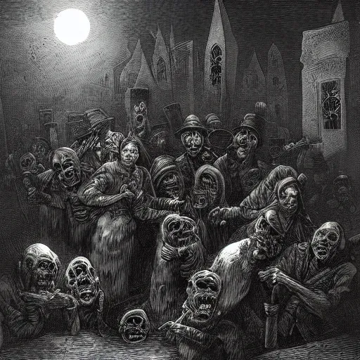 Image similar to nine steel barrels in a graveyard full of zombies, creepy atmosphere, dark, portrait, realistic, illustration by gustave dore