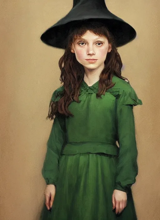 Image similar to a portrait of an eleven year old girl with brown hair. she is wearing a simple green dress and a black pointed witch hat. beautiful painting with highly detailed face by greg rutkowski and magali villanueve