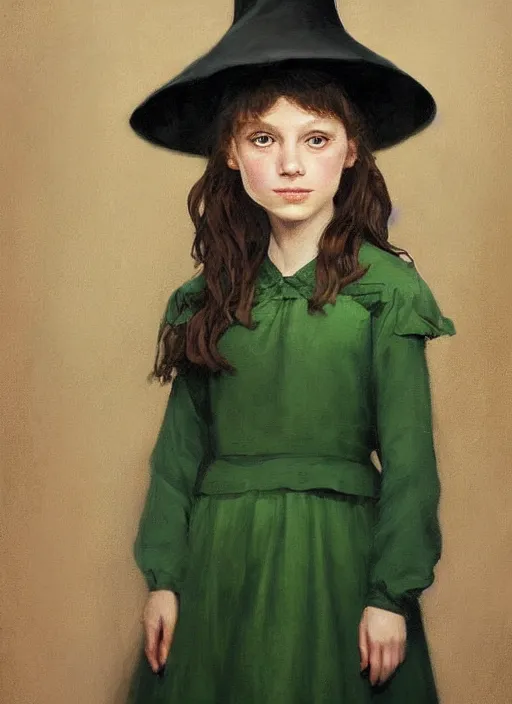 Prompt: a portrait of an eleven year old girl with brown hair. she is wearing a simple green dress and a black pointed witch hat. beautiful painting with highly detailed face by greg rutkowski and magali villanueve