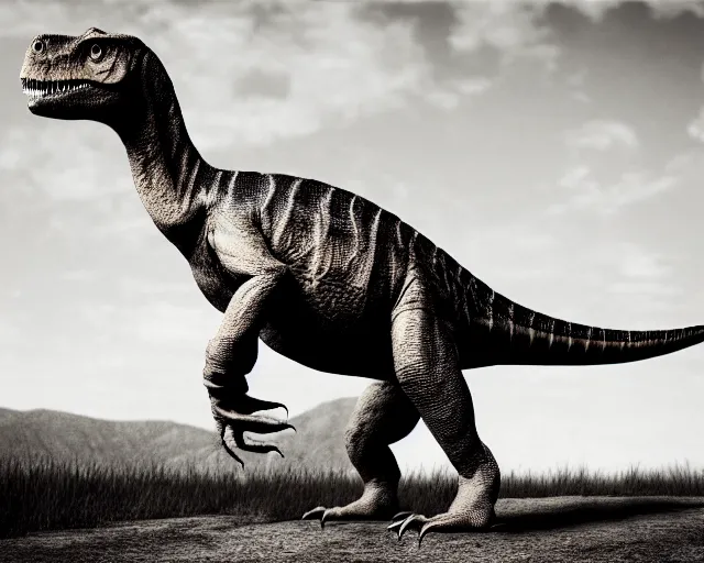 Prompt: hyper realistic vintage photograph of a real dinosaur, ultra detailed, grain, old, monochrome, sepia toned, realistic lighting, wide angle