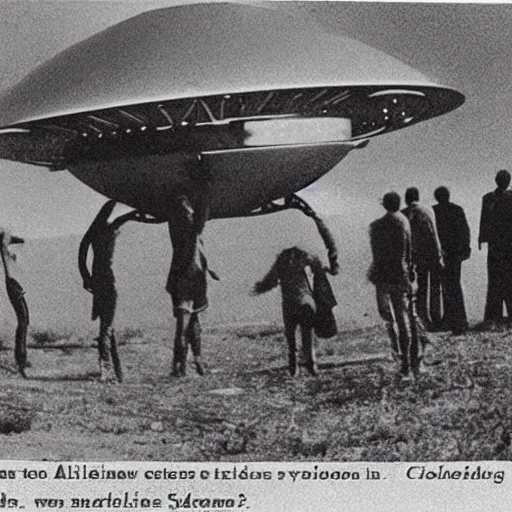 Image similar to old photograph of an alien spaceship landing, aliens getting out and greeting humans