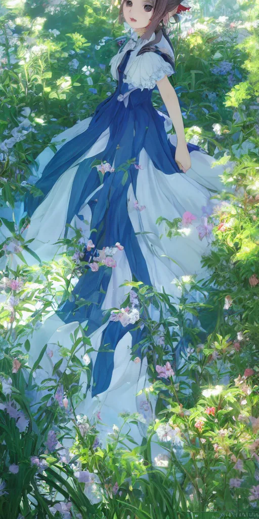 Image similar to a digital art full of atmosphere of a loli with long hair in a dress in the privet garden at after noon, green and warm theme, blue accents, low angle, back lighting, highly detailed, 4 k resolution, trending on art station, by krenz cushart and mucha and akihito yoshida and greg rutkowski and makoto shinkai