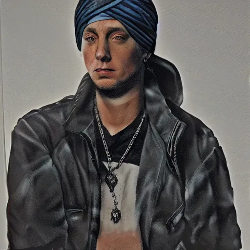 Image similar to eminem as a middle eastern man wearing a turban, yoji shinkawa