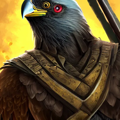 Prompt: Black Aarakocra Eagle Warlord, Yellow Beak, epic armor, wielding longsword, epic character portrait, dnd commission,epic rpg artwork,4K, 8K, very detailed, trending on artstation