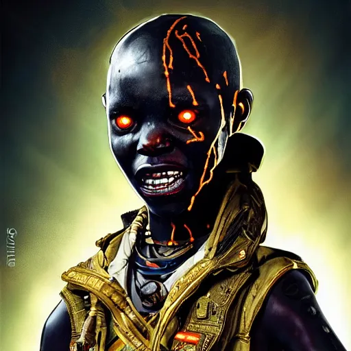 Prompt: a dark and ominous cyborg african child soldier with glowing eyes and facial scarification marks and gold teeth, Apex Legends character digital illustration portrait design, by android jones and greg rutkowski in a cyberpunk voodoo style, synthwave color scheme, detailed, cinematic lighting, wide angle action dynamic portrait