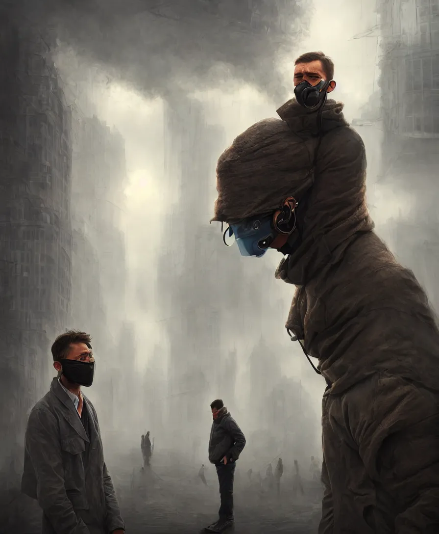 Image similar to a man suffering due to high air pollution in future, concept art, digital painting, cinematic lightening, people are wearing masks, wide angle shot, in the style of greg rutwoski, very hyper realistic, highly detailed, fantasy art station