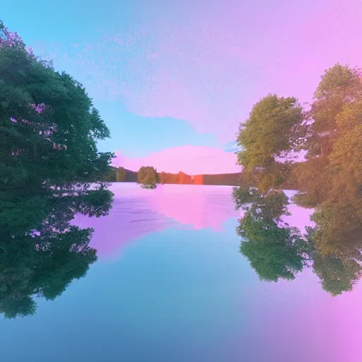 Image similar to the sun is setting over a lake surrounded by trees. a matte painting 3d octane render by Beeple, unsplash, digital art, synthwave, outrun, retrowave, rainbow, pastel colors