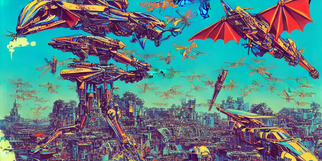 Prompt: risograph, gigantic mecha arzach birds with dragonflies, tiny rats, a lot of exotic animals around, big human faces everywhere, helicopters and tremendous birds, by satoshi kon and moebius, matte colors, surreal psychedelic design, crispy, super - detailed, a lot of tiny details, 4 k, fullshot