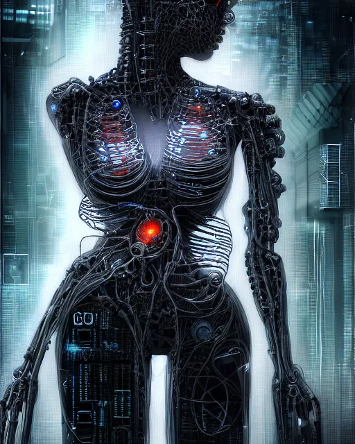 Image similar to portrait photo of a biomechanical torso of a cyborg plugged into a quantum computer with cables and wires and optic fibers. cyberpunk horror style. art by luis royo. highly detailed 8 k. intricate. nikon d 8 5 0 5 5 mm. award winning photography.