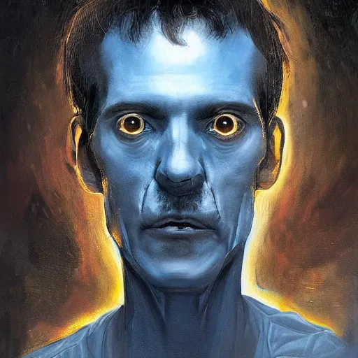 Image similar to surreal portrait of a man by Greg Rutkowski, symmetrical face, he is about 50 years old, short black hair with bangs, his features are a mix between French, Turkish and Russian, transformed into a kind of biomechanical transhuman god, blue glowing eyes, expression of epiphany and determination, cosmic void background, frightening, fascinating, highly detailed portrait, digital painting, book cover, artstation, concept art, smooth, sharp foccus ilustration, Artstation HQ