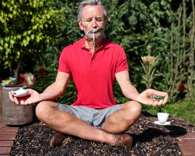 Image similar to mr robert is drinking fresh tea, smoke pot and meditate in a garden from spiral mug, detailed glad face, muscular hands and arms, golden hour closeup photo, red elegant shirt, eyes wide open, ymmm and that smell