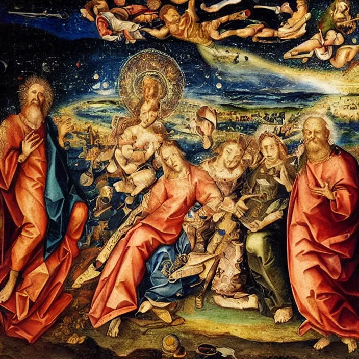 Prompt: the cosmic event at which the unity and the trinity ruptured, creating the false christian god, 16th century painting, prismatic colors